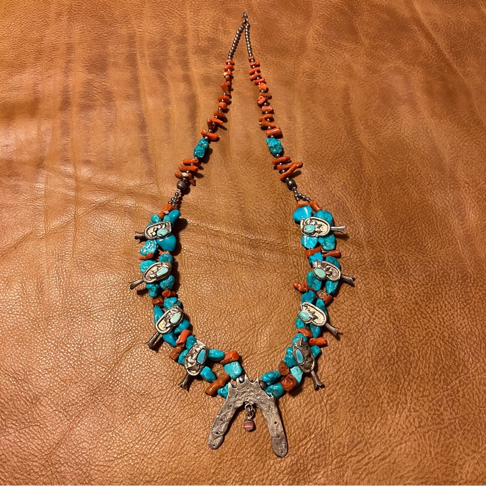 Turquoise and Coral Squash Blossom Necklace
